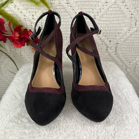 JUSTFAB Plum Black Color Block PHILPA Criss Cross Strap Stiletto Heel Pumps 10M - Picture 3 of 14